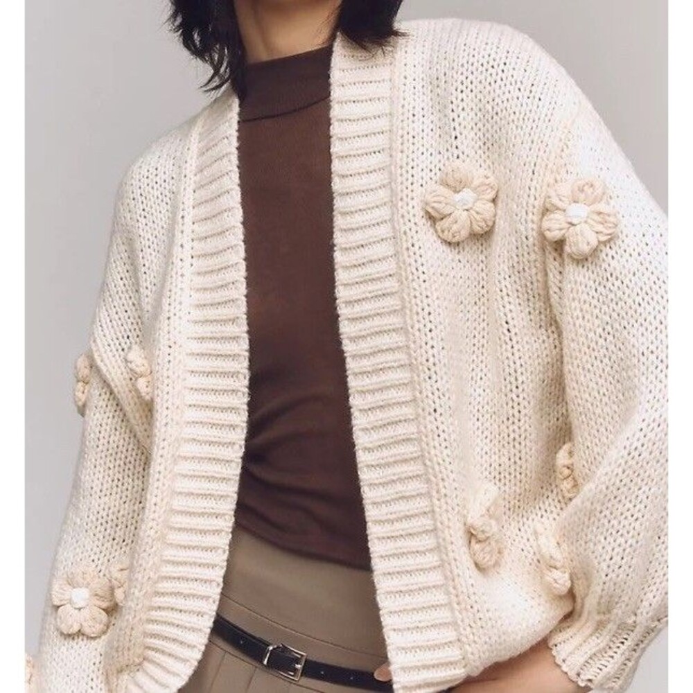 Anthropologie Maeve The Susannah 3D Floral Knit Cardigan Ivory One Size